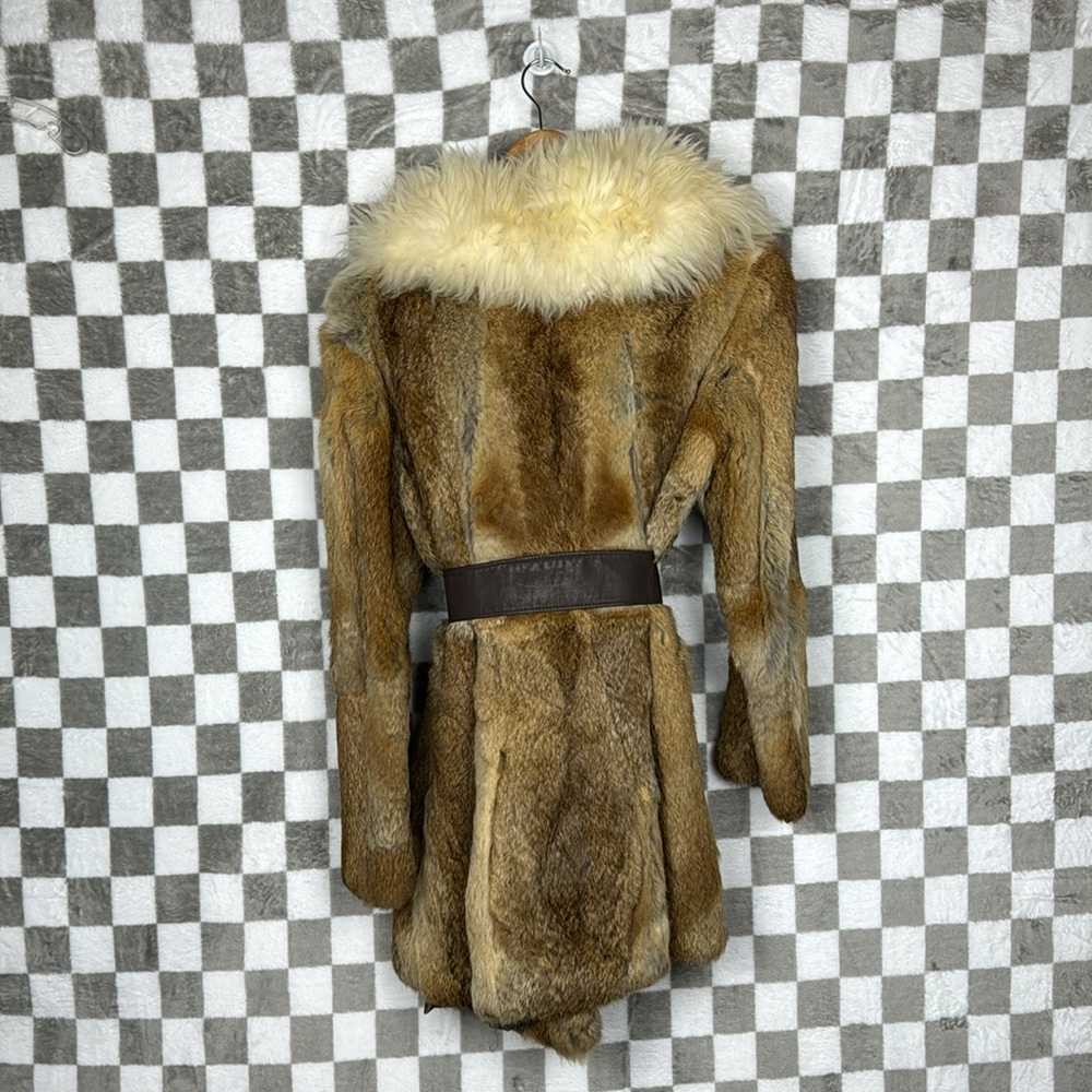 Vintage Genuine rabbit fur coat big collar chunky wool trim belt S *see note! - Picture 7 of 14